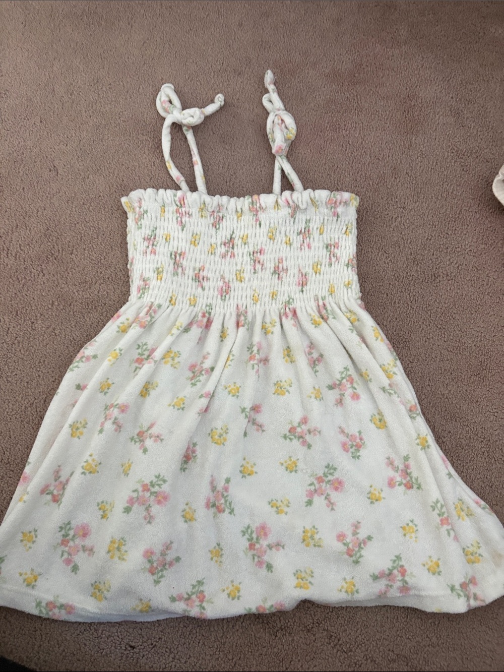Girls White Floral terry cloth Sundress with Pink and Yellow Flowers